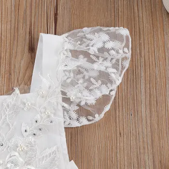 Pudcoco Naujagimiui Mergina Drabužius Nėrinių 3D Gėlių Siuvinėjimas Pearl Saldus Princesė Baltas Kvadratas Apykaklės Falbala Skristi Rankovės Romper