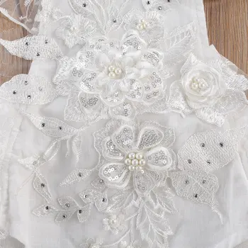 Pudcoco Naujagimiui Mergina Drabužius Nėrinių 3D Gėlių Siuvinėjimas Pearl Saldus Princesė Baltas Kvadratas Apykaklės Falbala Skristi Rankovės Romper