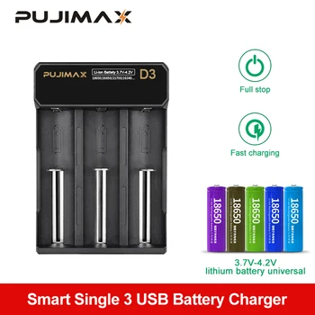 PUJIMAX 3-solt 18650 baterija, įkroviklis, USB laidas, greito įkrovimo 26650 18350 14500 26500 22650 Li-ion Įkraunama Baterija įkroviklis