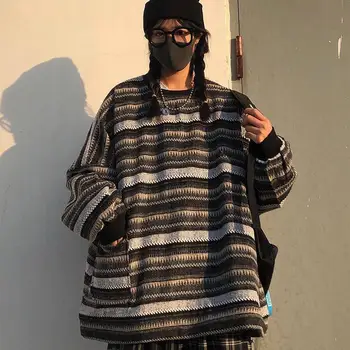 Puloveriai Moterims Negabaritinių Ulzzang BF vienos Lyties Porų Japonijos Dryžuotas Megztiniai Megztinis Hip-Hop Moterų Naują Žiemos Mados Retro Dienos