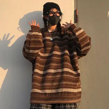 Puloveriai Moterims Negabaritinių Ulzzang BF vienos Lyties Porų Japonijos Dryžuotas Megztiniai Megztinis Hip-Hop Moterų Naują Žiemos Mados Retro Dienos