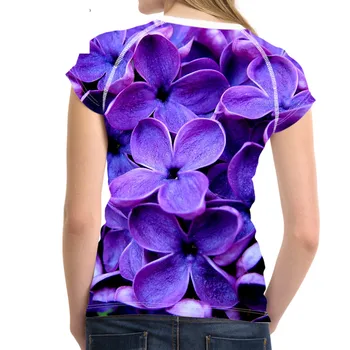 Purpurinis Alyvinis 3D Gėlių Spausdinti Moterys T Shirts Fitneso Mergaitėms trumpomis Rankovėmis Viršūnes Tees Drabužių Mados Vasaros marškinėliai