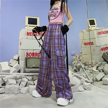 QWEEK Punk Harajuku Languotas Kelnes Moterims Goth Hipių Pledas Kelnės Hip-Hop Krovinių Kelnės Indie Estetinės 2000-ųjų korėjos Plačios Kelnės