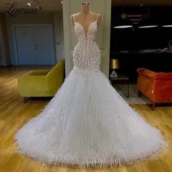 Rankų Darbo Perlai Duobute Šalis Suknelė Vestuvėms 2020 Couture Plunksna Balta Vakare Chalatai Dubajus Prom Dresses Vestido De Festa