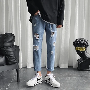 Ripped Jeans vyriškos Mados Plauti Retro Atsitiktinis Palaidų Tiesiai Skylę Jean Kelnės Vyrams Streetwear Hip-Hop Džinsinio audinio Kelnės Vyrai