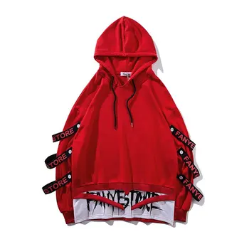 Rudens-žiemos vyrų juostelės kratinys hip-hop hoodie juoda raudona streetwear moterų netikrą dviejų dalių derliaus hoodies fleece series