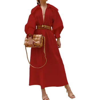 Rudenį Kietas Geltonas Ilgai Žibintų Rankovės Maxi Suknelė Moterims Nėrinių Elegantiškas Ponios Office Suknelės 2020 Varčias Raudona Suknelė Vestidos