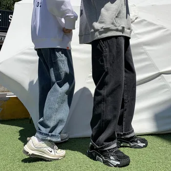 Rudenį korėjos Tiesūs Džinsai Vyrų Mados vientisos Spalvos Atsitiktinis Retro Džinsai Vyrams Streetwear Prarasti Hip-hop Džinsinio audinio Kelnės Mens S-2XL