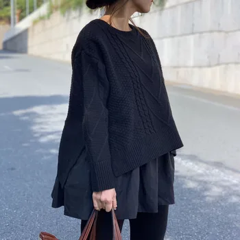 Rudenį Long Sleeve Black Moterų Megztinis Korėjos Mados Ruffles Kratinys Puloveris Viršūnes Harajuku Negabaritinių Marškinėlius Streetwear