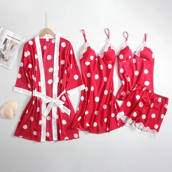 Rudenį Moterų Dot Spausdinti Pajama Komplektai 4 Vnt Sexy Nėrinių Pižamos Moterims, Satino, Šilko Sleepwear Elegantiškas Pijama su Krūtinės Pagalvėlės Homewear
