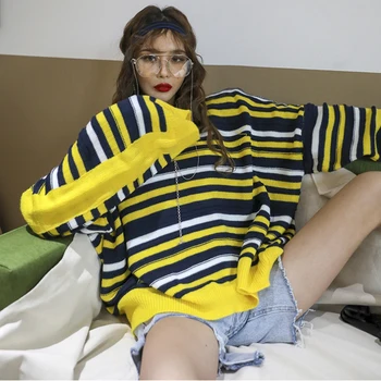 Rudenį, Žiemą Džemperis Moterims 2019 Nauja Siunta Korėjos Stiliaus Moteris Prarasti Dryžuotas Megztiniai Ir Puloveriai Ilgai Batwing Rankovėmis Viršūnes