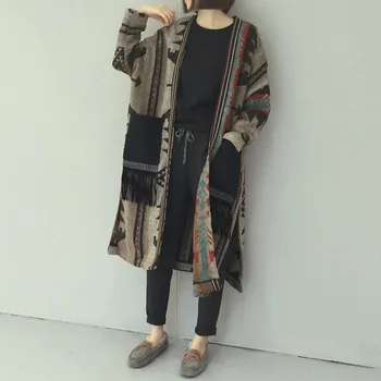 Ruduo Ilgas Vilnos Paltai Moterims Korėja Elegantiška Panele Boho Kutas Megzti Džemperis Cardigan Paltas Žiemos Atsitiktinis Mados Outwear