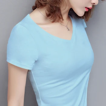 S-5XL Nauji moteriški Medvilniniai marškinėliai Vasaros 2021 Atsitiktinis Elastingumą Short-sleeve V-neck Slim Apačioje T-shirt Mergina Viršūnes Tees Moteris