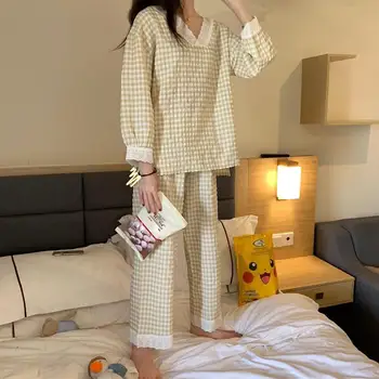 Saldus Naktiniai Marškiniai, Pižamos Nustatyti Moterų Medvilnės Mezgimo Pyjama Studentų Pavasario Sleepwear Ilgomis Rankovėmis Kelnės Sexy Nėrinių V-Kaklo Homewear