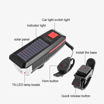 Saulės Energijos Dviračio Žibintas su Ragų T6 LED Road MTB Dviratį Priekinių žibintų USB Įkrovimo Žibintų 3 Rūšių Dviračių Žibintas