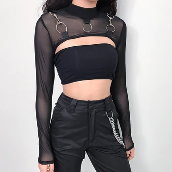 Seksualus Akių Apkarpytos marškinėliai Moterims Juoda Streetwear ilgomis Rankovėmis Metalo Žiedas Kratinys Tee Marškinėliai Femme Pasėlių Viršų