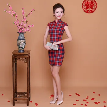 SHENG KOKOSŲ Ponios Raudona Mėlyna Pledas Qipao Suknelė Kasdien Grotelės Cheongsam Trumpą Mini Kinų naujieji Metai Cheongsam Qi Pao Suknelės Chipao