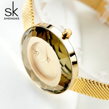 Shengke Mados Prabangių Ponios Žiūrėti Prizmę Fac Aukso Plieno Tinklelio, Kvarco Moterų Laikrodžiai Top Brand Laikrodis Relogio Feminino