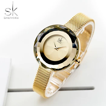 Shengke Mados Prabangių Ponios Žiūrėti Prizmę Fac Aukso Plieno Tinklelio, Kvarco Moterų Laikrodžiai Top Brand Laikrodis Relogio Feminino