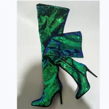 Shofoo batai.Gražių madingų moterų batai,, tamsiai žalios spalvos audinio, 11 cm aukšto kulno batai, over-the-knee batai. DYDIS:34-45