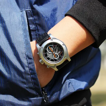 SINOBI Prekės Sporto Vyrų žiūrėti Oda watchband Vandeniui Chronograph Quartzwatch Laikrodis Karinės Laikrodis Vyras Siųsti RU laivas