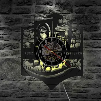 Skalbimo Patalpa Skalbimo Mašina Retro Pasirašyti Vinilo Įrašas Sieninis Laikrodis Išplaukite Švarius Drabužius Tarnaitė Paslaugų LED Siena Šviesos Naktiniai Sienos Lempos
