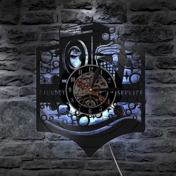Skalbimo Patalpa Skalbimo Mašina Retro Pasirašyti Vinilo Įrašas Sieninis Laikrodis Išplaukite Švarius Drabužius Tarnaitė Paslaugų LED Siena Šviesos Naktiniai Sienos Lempos