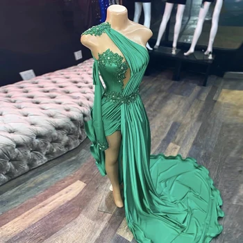 Smaragdas Žalia Vakaro Suknelės Seksualus Vieną Petį Undinė Prom Dresses Afrikos Oficialų Klostes Pusę Padalinta Šalis Suknelės Ilgomis Rankovėmis
