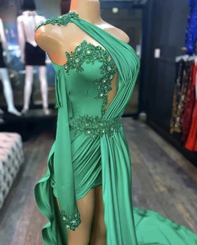 Smaragdas Žalia Vakaro Suknelės Seksualus Vieną Petį Undinė Prom Dresses Afrikos Oficialų Klostes Pusę Padalinta Šalis Suknelės Ilgomis Rankovėmis