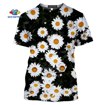 SONSPEE Karšto Grožio Baltos Gėlės Ramunės vyriški T-shirt 3D Spausdinimo Vasaros Atsitiktinis trumpomis Rankovėmis Moterims Geltona Gėlių Fitneso Tee Viršūnės