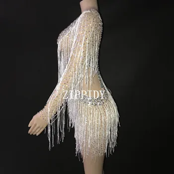 Sparkly Sidabro Cirkonio Baltos Spalvos Kutais Tinklelio Suknelė Matyti Per Šokių Apranga Moterims Gimtadienio Švęsti Apranga Kutai Suknelė