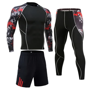 Suspaudimo Sportiniai, vyriški Drabužiai MMA Taktinis T-shirt Anti-pilling Quick dry antblauzdžiai 3 vnt Naudotis Apatiniai Bėgiojimas kostiumas