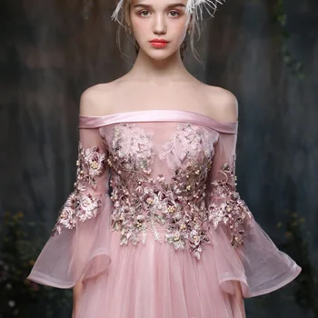 Tai Yiiya Rausvos Gėlės, Gėlių Iliuzija Spausdinti Nėriniai-line Elegantiškas vakarines Sukneles Grindų Ilgis Šalis Suknelė Vakare Chalatai LX032