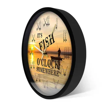 Tai Žuvų ' o Laikrodis Kažkur Žvejybos Valtis Saulėlydžio Peizažas Sieninis Laikrodis Žvejys Žvejybos Polių Lazdele Romėniškais Skaitmenimis Namų Dekoro Laikrodis