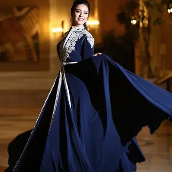 Tamsiai Mėlyna Kaftan Caftan Maroko Vakarą Oficialią Suknelės 2021 Nėriniai Siuvinėjimo Ilgomis Rankovėmis Musulmonų Arabų Prom Mados Suknelė