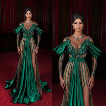 Tamsiai Žalia Vakaro Suknelės 2020 M. Vien Puošmena-Kaklo Aukštos Pusę Padalinta ilgomis Rankovėmis Undinė Promenadzie Suknelė nėrinių appliques Saudo Arabija