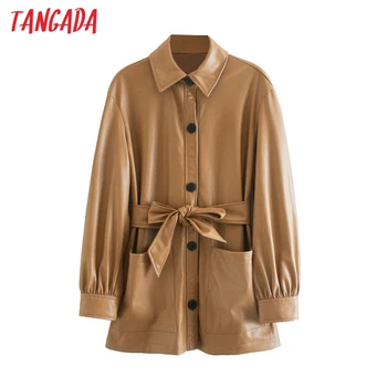 Tangada Moterims, rudos spalvos dirbtiniais odinė striukė paltas su diržu 2020 m. Rudenį, Žiemą, Moterų Ilgas Rankovėmis purus Kailis 3H114