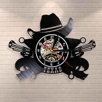 Texas Kaubojus Sieninis Laikrodis Vakarų Kaubojaus Skrybėlę JAV Horizontai Simbolis Vinilo Įrašas Sieninis Laikrodis 3D Sienos Laikrodžiai Modernus Dizainas, Sienų Dekoras