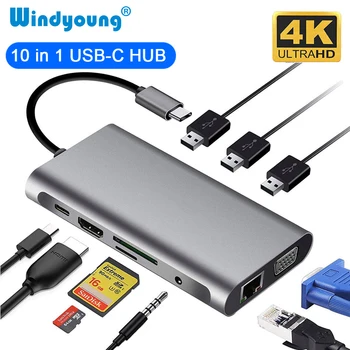 Tipas-C RJ45 Gigabit Lan Ethernet HDMI 4K VGA Adapterį SD TF Card Reader USB-C USB 3.0 Audio 
