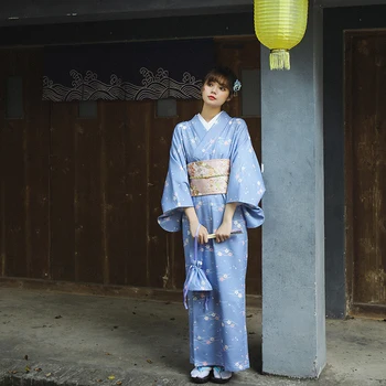 Tradicinių Kimono Suknelė Moterims Japonų naujieji Metai ilgomis Rankovėmis Derliaus Yukata Mėlyna Spalva