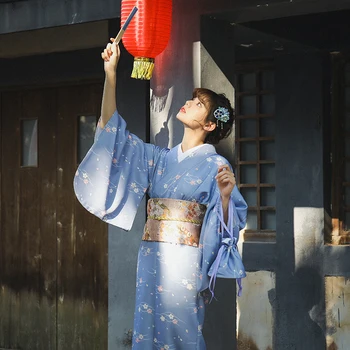 Tradicinių Kimono Suknelė Moterims Japonų naujieji Metai ilgomis Rankovėmis Derliaus Yukata Mėlyna Spalva