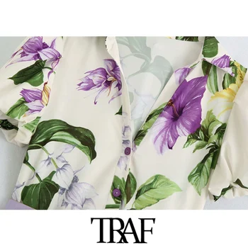 TRAF Moterų Elegantiškos Mados Su Diržo Gėlių Spausdinti Midi Marškinėlius Vintage Suknelė trumpomis Rankovėmis Mygtuką-iki Moterų Suknelės Mujer