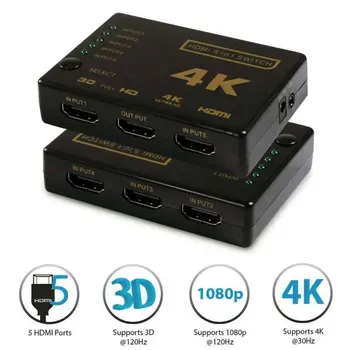 UHD 5 Port HDMI Switch Box Splitter 4K 3D 1080P IR Nuotolinio Valdymo Selektorių Hub 4K*2K Aukštos Rezoliucijos