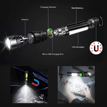 Ultra Ryškus LED Žibintuvėlis CREE T6 COB 18650 Baterija usb įkrovimo vandeniui Žibintuvėlis Zoomable 4 šviesos režimai magnetas Darbo lemputė