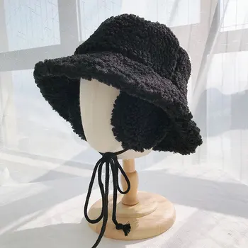 USPOP 2020 m. Žiemos skrybėlės moterims storio kibirą kepurės su earmuffs vientisos spalvos ėriukų vilnos kibiro kepurę, šiltas panamos skrybėlės kepurės