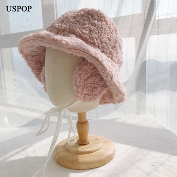 USPOP 2020 m. Žiemos skrybėlės moterims storio kibirą kepurės su earmuffs vientisos spalvos ėriukų vilnos kibiro kepurę, šiltas panamos skrybėlės kepurės