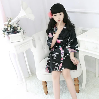Vaikų Mergaičių Gėlėti Šilko Satino Japonų Kimono Rūbeliai Chalatas Dušo Mergina Sleepwear Vasaros Paauglių Miego Drabužių 12 Metų