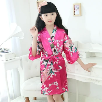Vaikų Mergaičių Gėlėti Šilko Satino Japonų Kimono Rūbeliai Chalatas Dušo Mergina Sleepwear Vasaros Paauglių Miego Drabužių 12 Metų