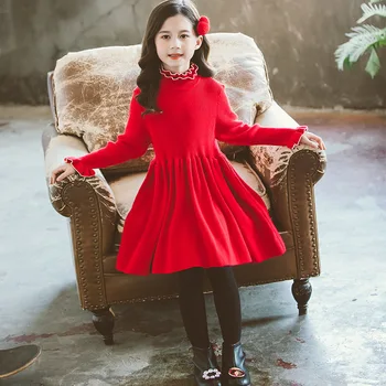 Vaikų Mergaičių Suknelės Žiemą, Rudenį 2020 M. Vaikų Suknelė Kūdikių Teenag Mergina Drabužių Mezgimas Mergina Suknelės Mielas Raudonos, Žalios Drabužių Rudenį