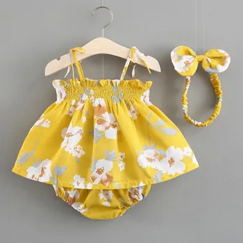 Vasaros Baby Girl Komplektus Nustatyti Gėlių Spausdinti Berankovis Viršų, T-marškinėliai, Šortai Lankelis 3 Vnt Kūdikių Drabužiai